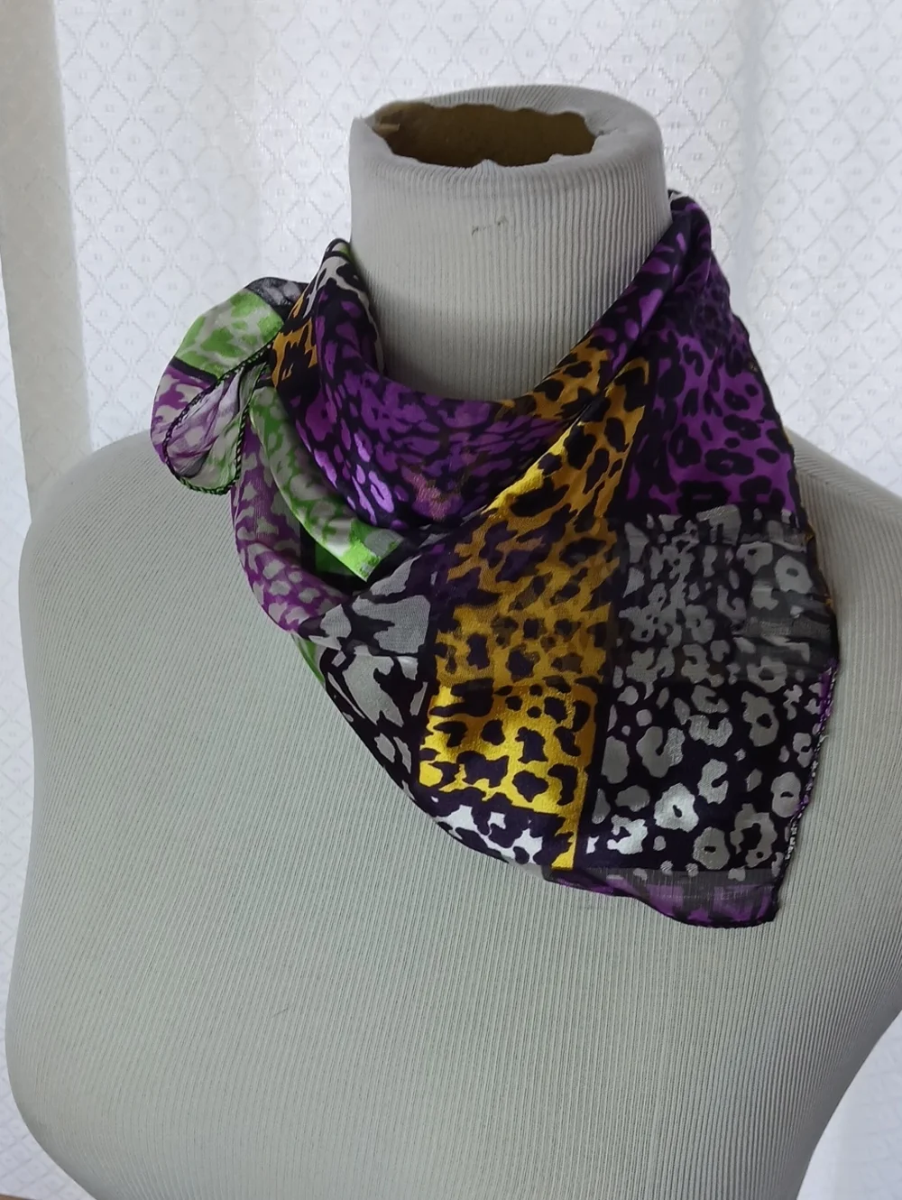Silky Animal-Print Neck Scarf in Purple, Gold & Green